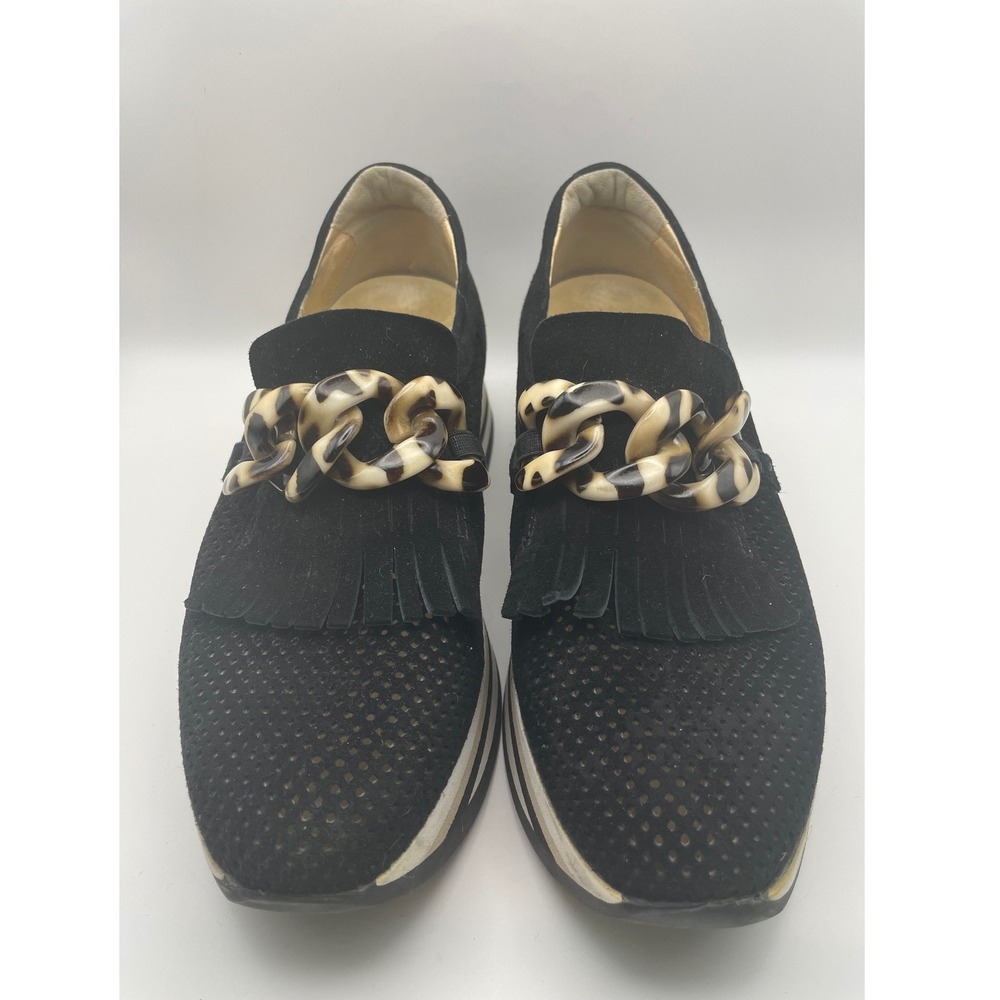 Softwaves Cadie Black Suede Platform Loafers Tortoise accent‎ Fringe 36.5